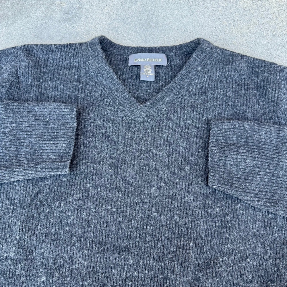 Banana‎ Republic Men Charcoal Gray 100% Lambswool Ribbed V-Neck Sweater Medium